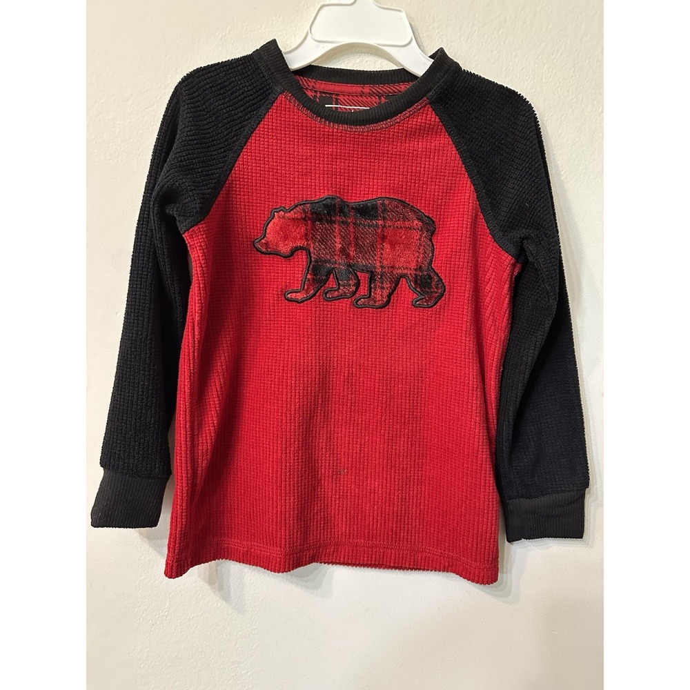 Eddie Bauer Kids Sleep Shirt Sz XXS 3/4 Red Black Thermal Waffle Bear Pajama Top